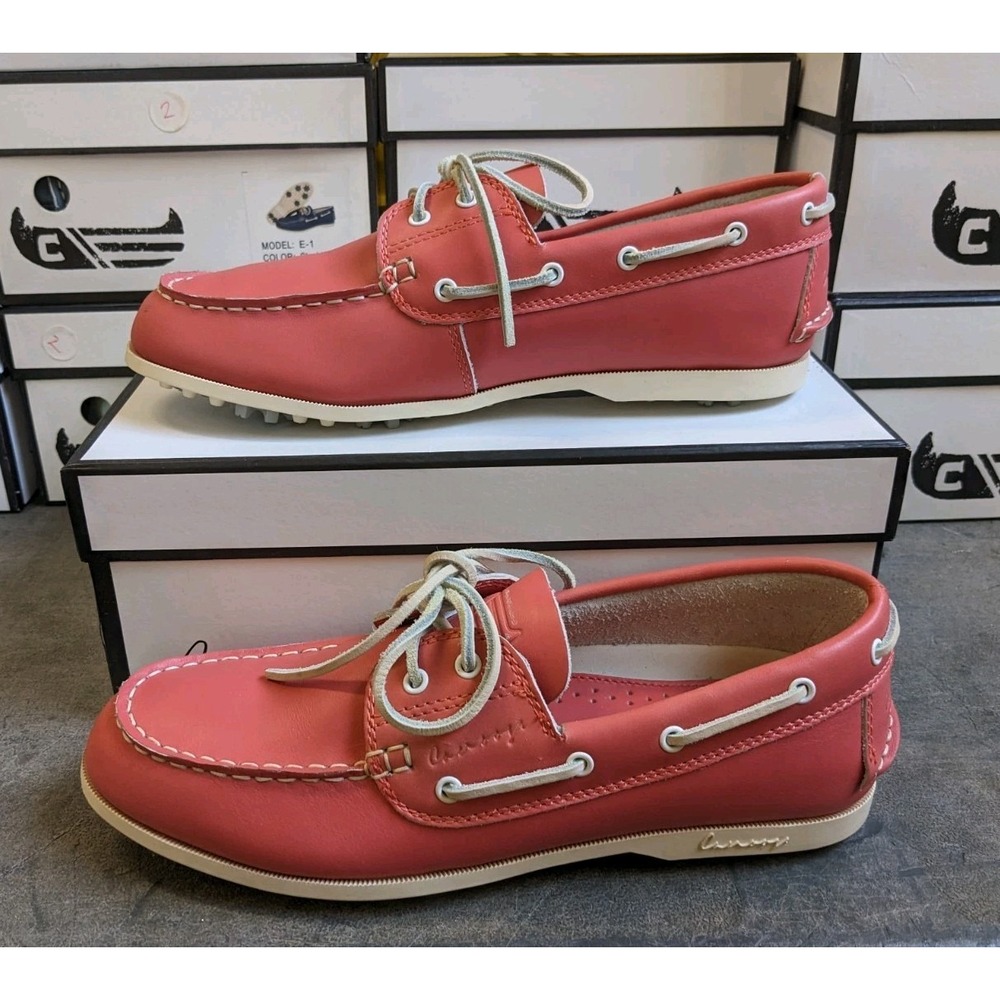 Canoos Golf Shoes‎ Women's 9.5 Coral Pink & White Leather Boat Loafers Cleats